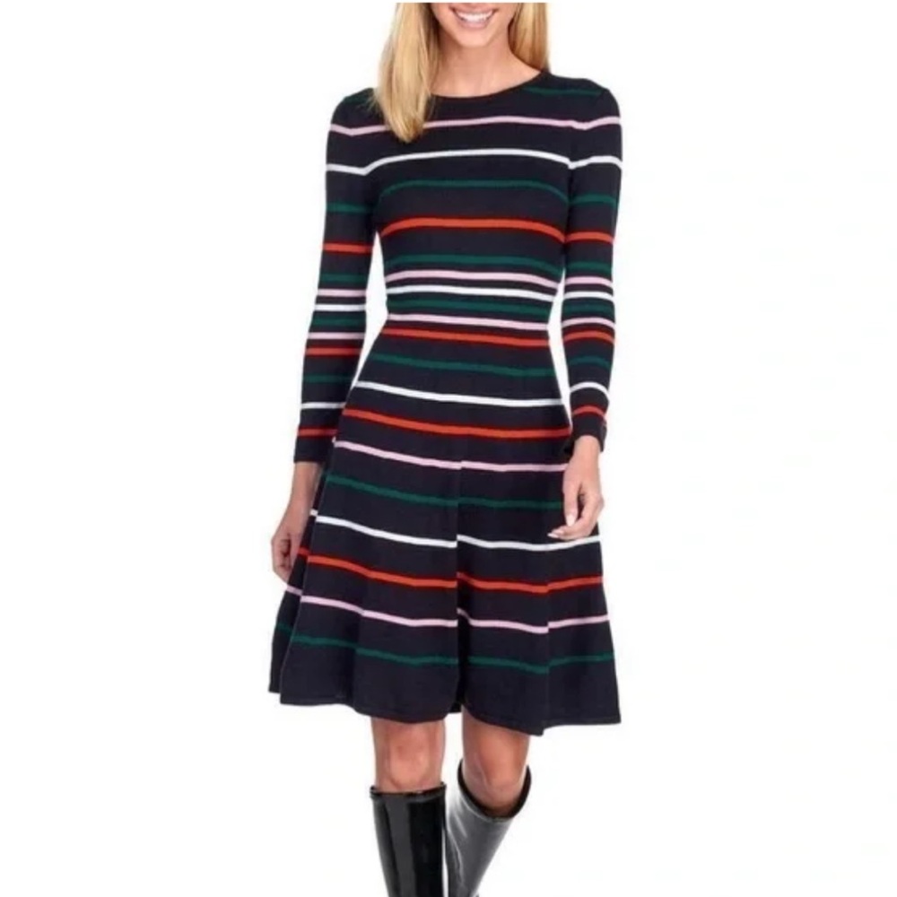 Vince Camuto Women’s L Navy Blue Multicolor Striped Knit Sweater Dress